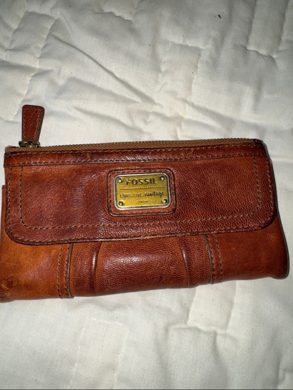 Fossil Cognac Brown Leather Zip Clutch Wallet